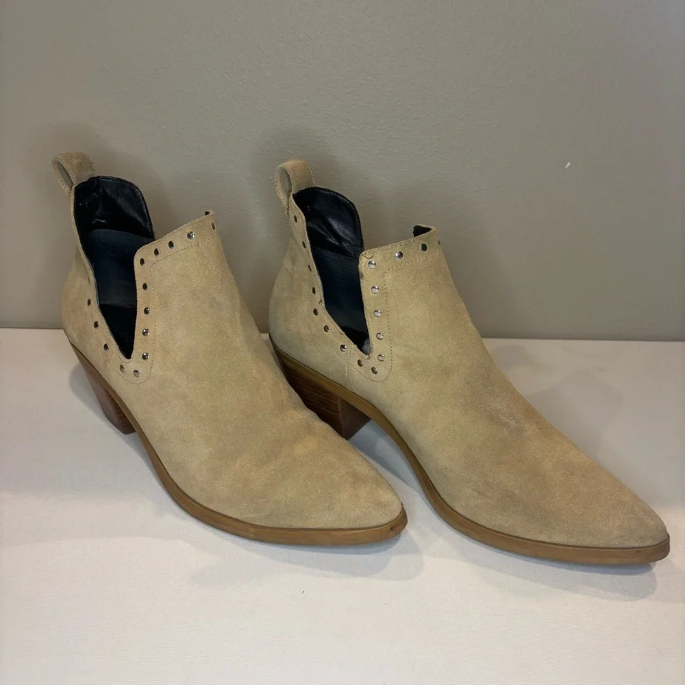 REBECCA MINKOFF Suede‎ Tan Booties with Small Heel and Stud Accent Size 10